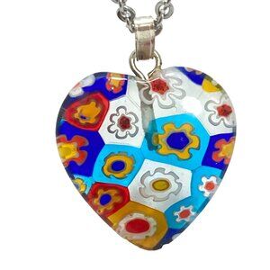 Vintage Murano Millefiori Art Glass Heart Pendant Necklace Multicolor Flowers 18